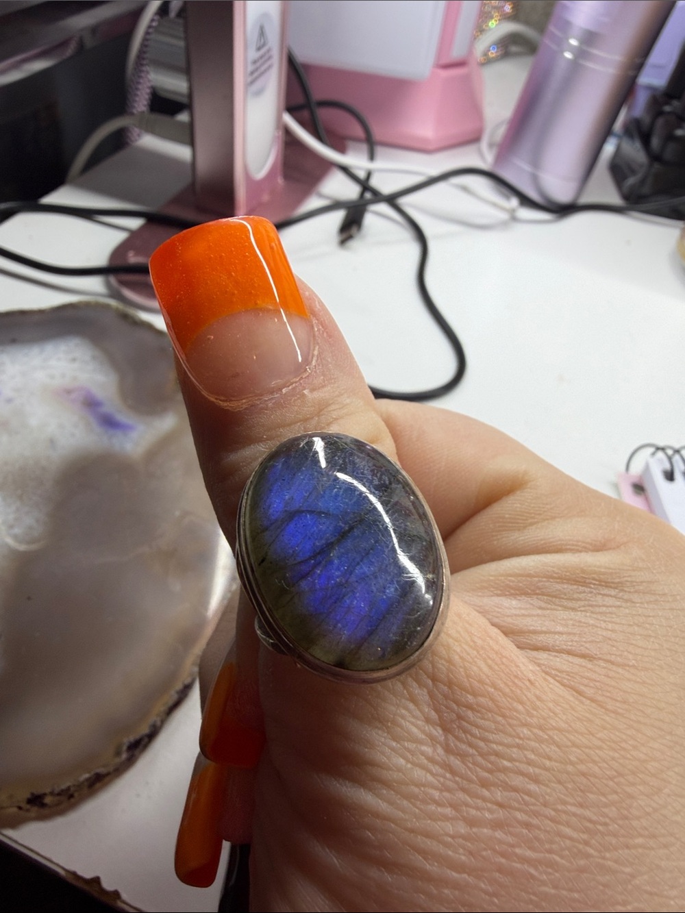 Hand Crafted Labradorite Statement Ring with Blue Flash
